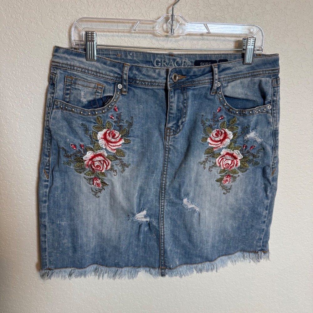 Western Boho Floral Grace Jeans Denim Embroidered Studded Mini Skirt XL Blue